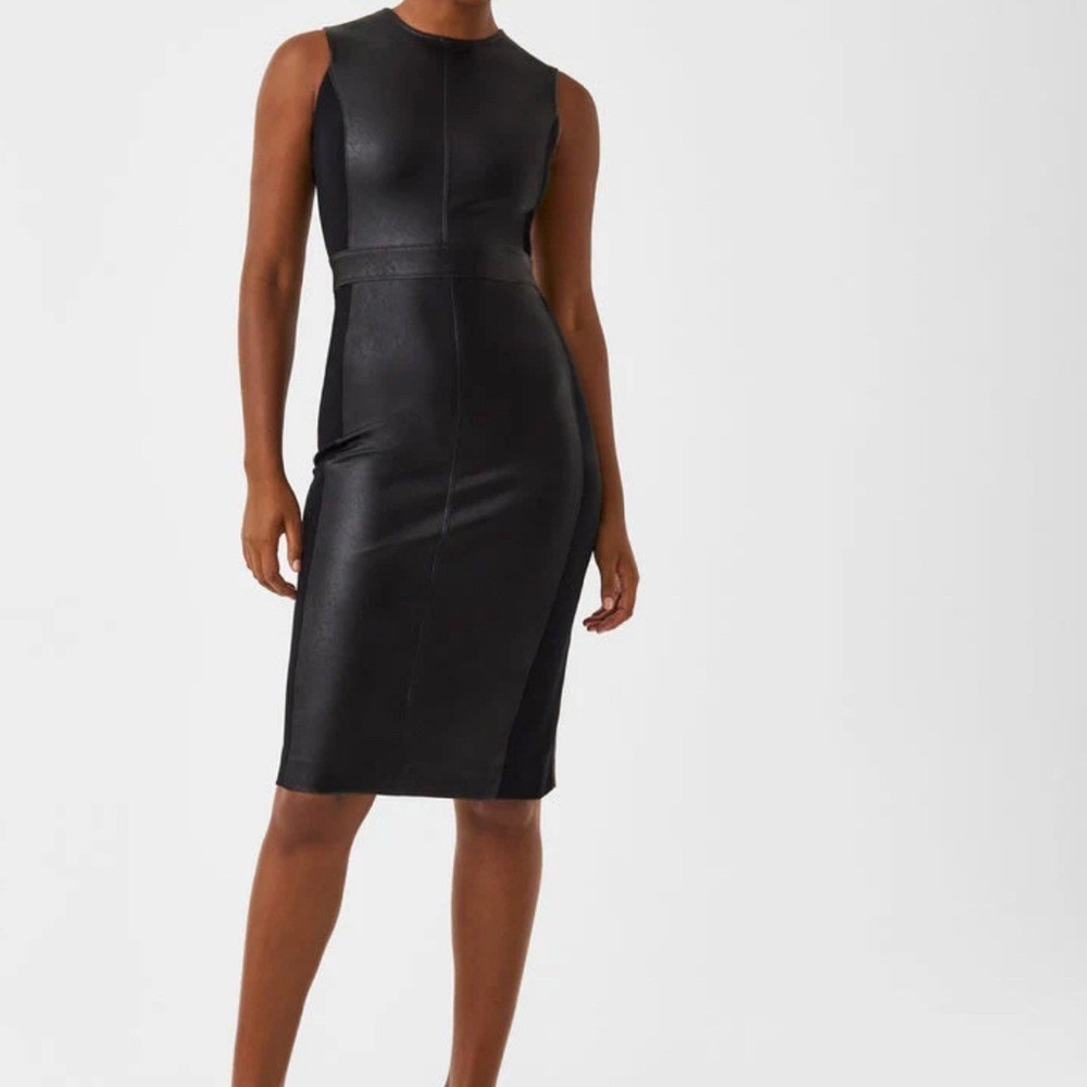 SPANX Leather-Like Combo Sheath Dress Luxe Black Size 3X Bodycon Cocktail Party